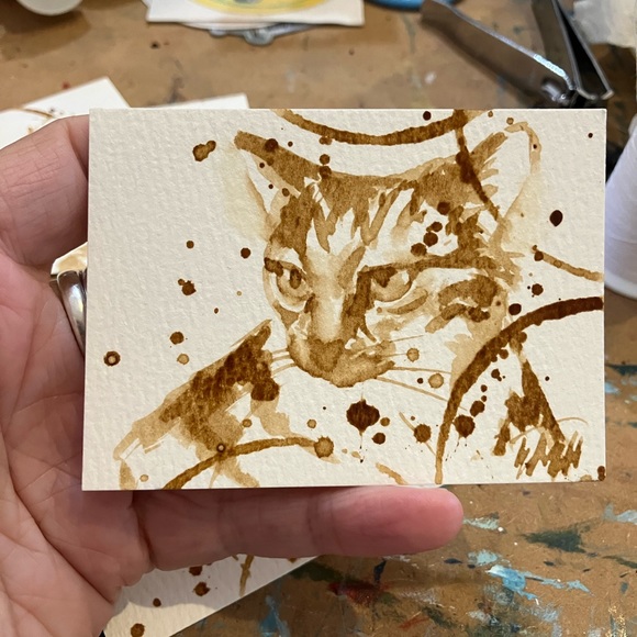 Hand Crafted Other - ⭕️ SOLD Cat coffee art original painting ooak collectible artwork by artisan